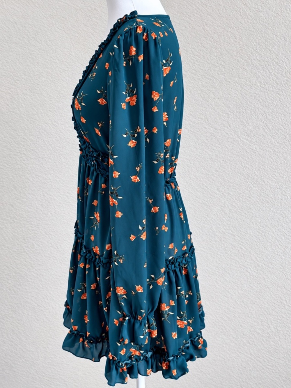 Inspired Hearts Teal Floral Ruffle Mini Dress Long Sleeve Boho Western Sz Small - Picture 4 of 11